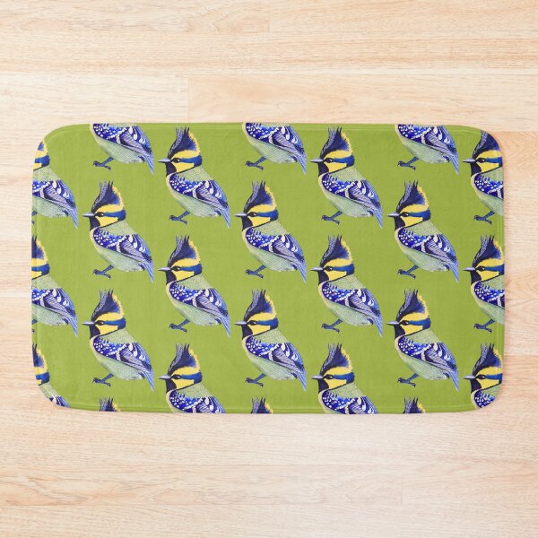Item preview, Black lored tit with a lively gaze, yellow and blue contrast with an olive green background designed and sold by art-elodie-g.