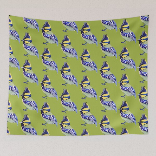 Item preview, Black lored tit with a lively gaze, yellow and blue contrast with an olive green background designed and sold by art-elodie-g.