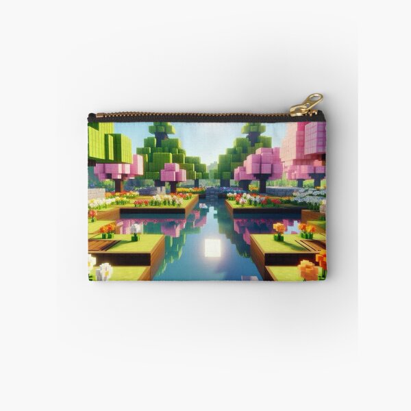 Item preview, Minecraft world, Japanese garden, cherry blossom trees, Japan, gaming, blue sky, pixel art, blocky digital landscape designed and sold by Sugar Wisdom .