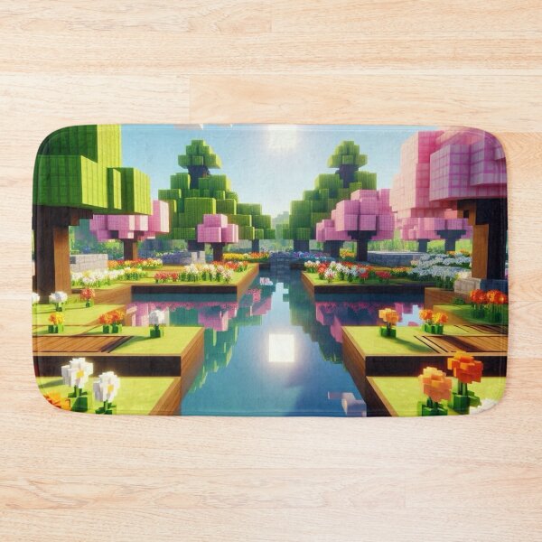 Item preview, Minecraft world, Japanese garden, cherry blossom trees, Japan, gaming, blue sky, pixel art, blocky digital landscape designed and sold by Sugar Wisdom .