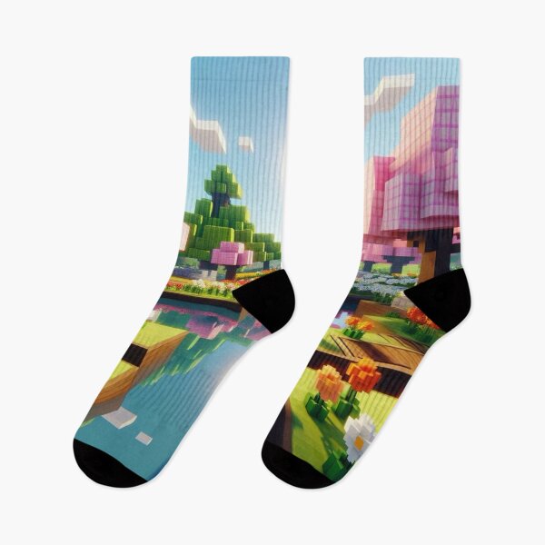 Item preview, Minecraft world, Japanese garden, cherry blossom trees, Japan, gaming, blue sky, pixel art, blocky digital landscape designed and sold by Sugar Wisdom .