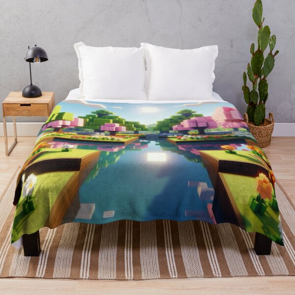 Item preview, Minecraft world, Japanese garden, cherry blossom trees, Japan, gaming, blue sky, pixel art, blocky digital landscape designed and sold by Sugar Wisdom .