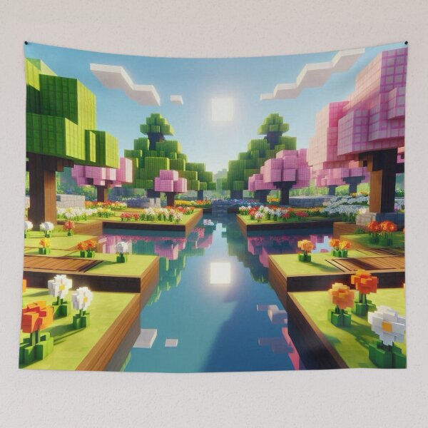 Item preview, Minecraft world, Japanese garden, cherry blossom trees, Japan, gaming, blue sky, pixel art, blocky digital landscape designed and sold by Sugar Wisdom .