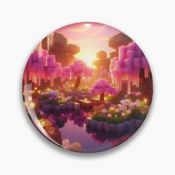 Item preview, Minecraft world, Japanese garden, cherry blossom trees, Japan, gaming, blue sky, pixel art, blocky digital landscape designed and sold by Sugar Wisdom .