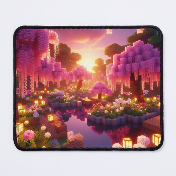 Item preview, Minecraft world, Japanese garden, cherry blossom trees, Japan, gaming, blue sky, pixel art, blocky digital landscape designed and sold by Sugar Wisdom .