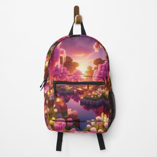 Item preview, Minecraft world, Japanese garden, cherry blossom trees, Japan, gaming, blue sky, pixel art, blocky digital landscape designed and sold by Sugar Wisdom .