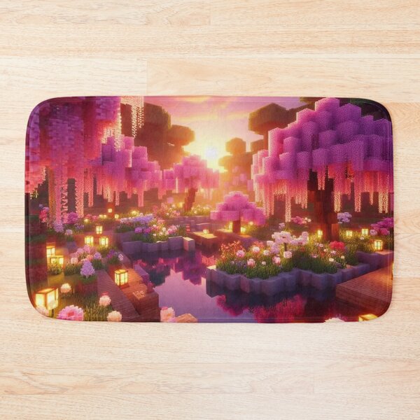 Item preview, Minecraft world, Japanese garden, cherry blossom trees, Japan, gaming, blue sky, pixel art, blocky digital landscape designed and sold by Sugar Wisdom .