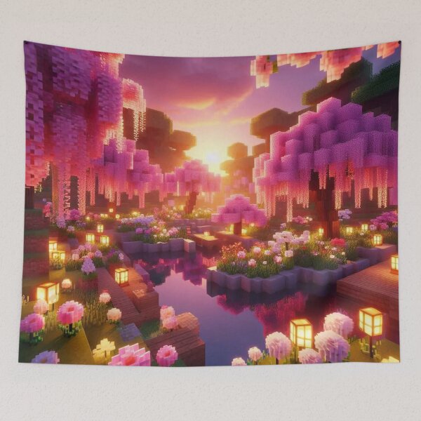 Item preview, Minecraft world, Japanese garden, cherry blossom trees, Japan, gaming, blue sky, pixel art, blocky digital landscape designed and sold by Sugar Wisdom .