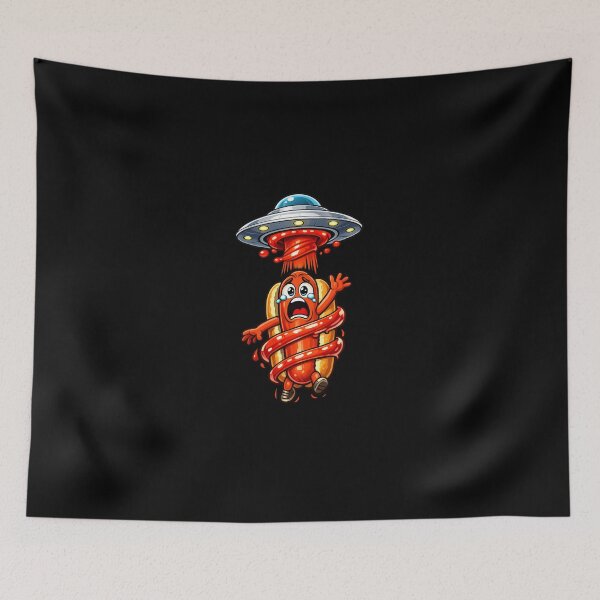 Item preview, Screaming Hot Dog Abducted by UFO Ketchup Tractor Beam Cartoon designed and sold by Sonic Nova Studios.