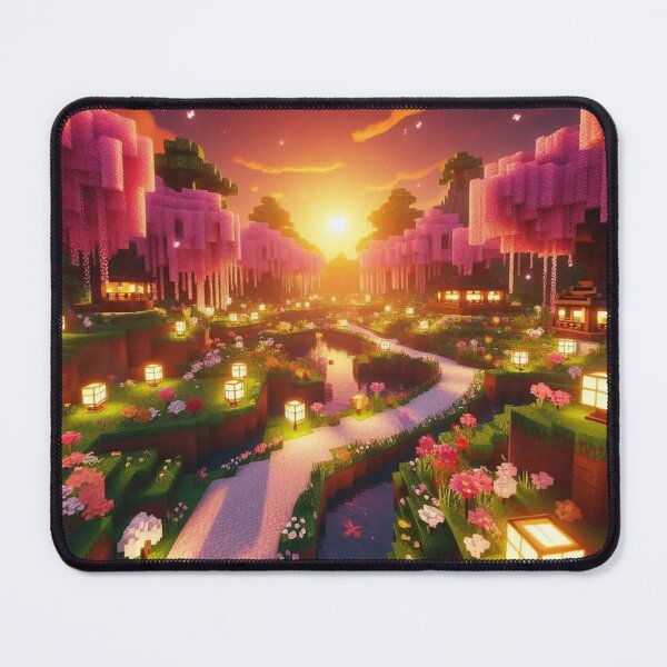 Item preview, Minecraft world, Japanese garden, cherry blossom trees, Japan, gaming, blue sky, pixel art, blocky digital landscape designed and sold by Sugar Wisdom .