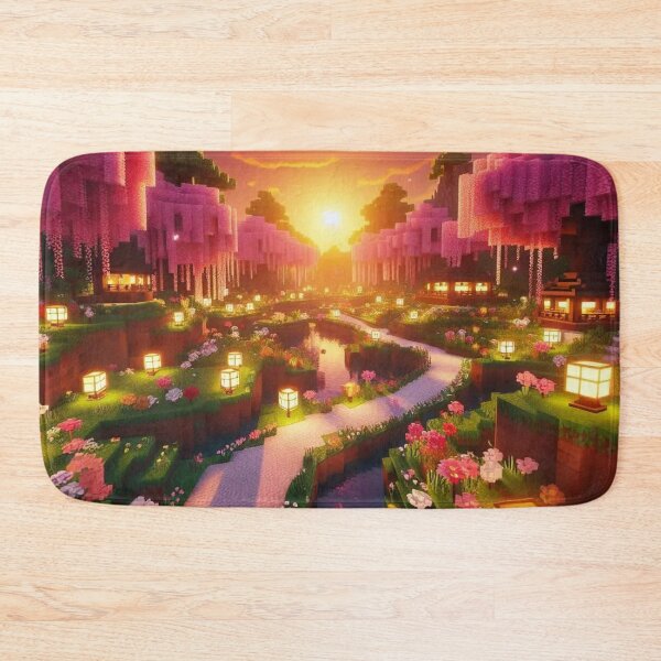 Item preview, Minecraft world, Japanese garden, cherry blossom trees, Japan, gaming, blue sky, pixel art, blocky digital landscape designed and sold by Sugar Wisdom .