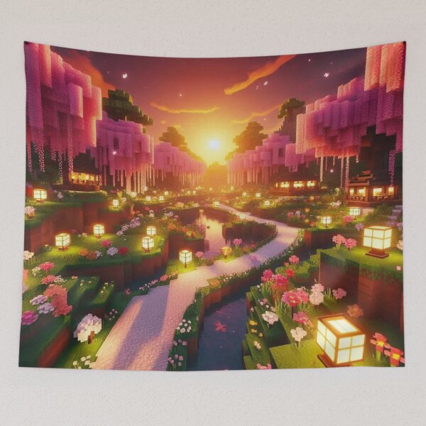 Item preview, Minecraft world, Japanese garden, cherry blossom trees, Japan, gaming, blue sky, pixel art, blocky digital landscape designed and sold by Sugar Wisdom .