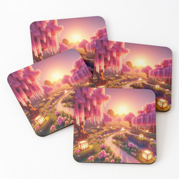 Item preview, Minecraft world, Japanese garden, cherry blossom trees, Japan, gaming, blue sky, pixel art, blocky digital landscape designed and sold by Sugar Wisdom .