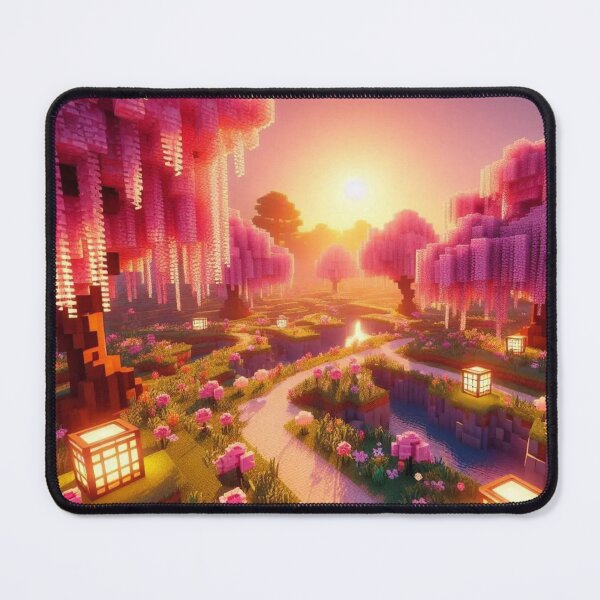 Item preview, Minecraft world, Japanese garden, cherry blossom trees, Japan, gaming, blue sky, pixel art, blocky digital landscape designed and sold by Sugar Wisdom .