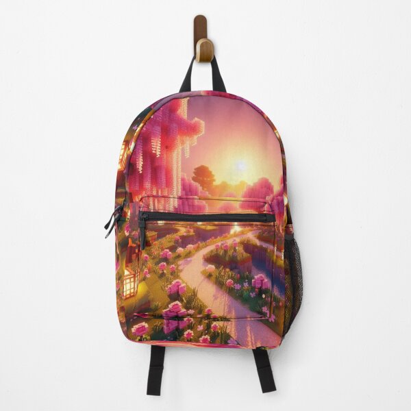 Item preview, Minecraft world, Japanese garden, cherry blossom trees, Japan, gaming, blue sky, pixel art, blocky digital landscape designed and sold by Sugar Wisdom .