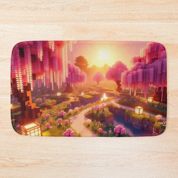 Item preview, Minecraft world, Japanese garden, cherry blossom trees, Japan, gaming, blue sky, pixel art, blocky digital landscape designed and sold by Sugar Wisdom .