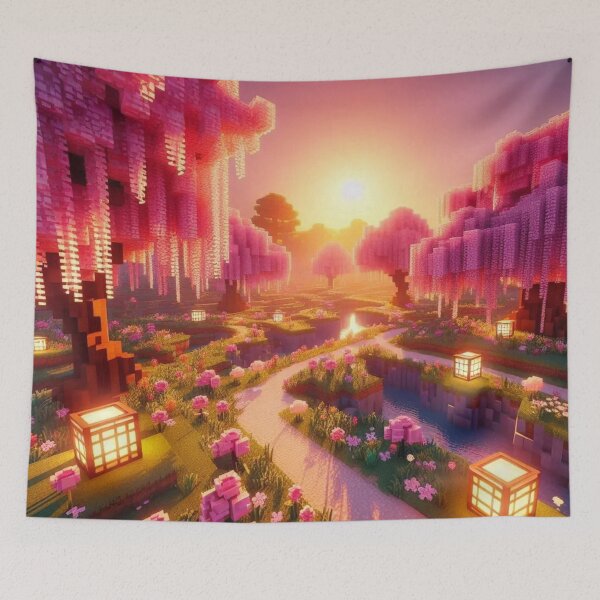 Item preview, Minecraft world, Japanese garden, cherry blossom trees, Japan, gaming, blue sky, pixel art, blocky digital landscape designed and sold by Sugar Wisdom .