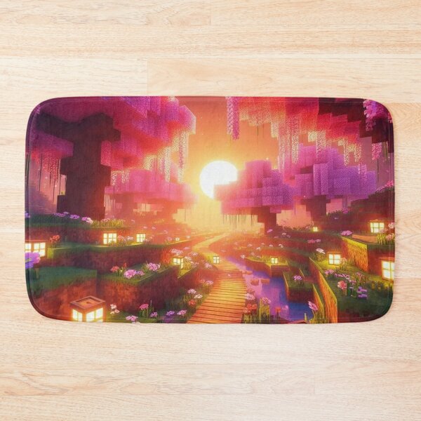 Item preview, Minecraft world, Japanese garden, cherry blossom trees, Japan, gaming, blue sky, pixel art, blocky digital landscape designed and sold by Sugar Wisdom .