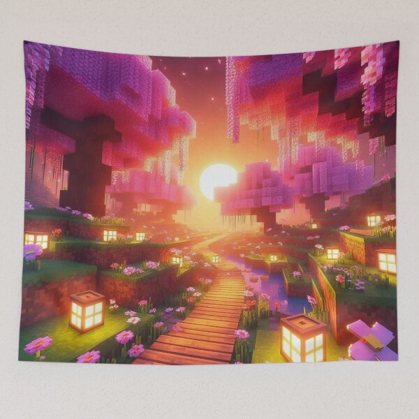 Item preview, Minecraft world, Japanese garden, cherry blossom trees, Japan, gaming, blue sky, pixel art, blocky digital landscape designed and sold by Sugar Wisdom .