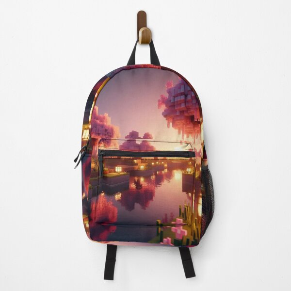 Item preview, Minecraft world, Japanese garden, cherry blossom trees, Japan, gaming, blue sky, pixel art, blocky digital landscape designed and sold by Sugar Wisdom .