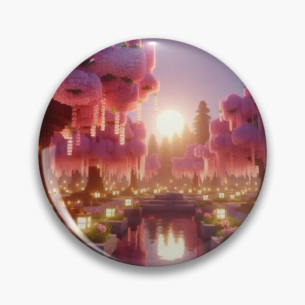 Item preview, Minecraft world, Japanese garden, cherry blossom trees, Japan, gaming, blue sky, pixel art, blocky digital landscape designed and sold by Sugar Wisdom .