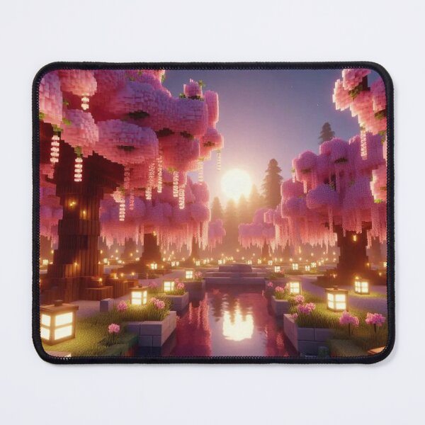 Item preview, Minecraft world, Japanese garden, cherry blossom trees, Japan, gaming, blue sky, pixel art, blocky digital landscape designed and sold by Sugar Wisdom .