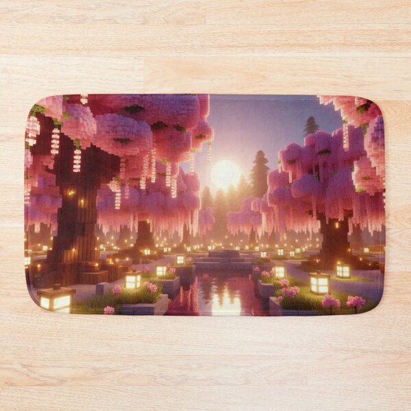 Item preview, Minecraft world, Japanese garden, cherry blossom trees, Japan, gaming, blue sky, pixel art, blocky digital landscape designed and sold by Sugar Wisdom .