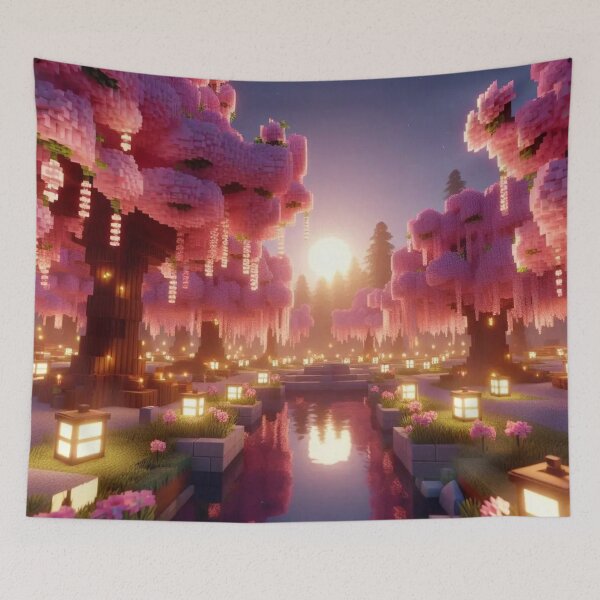 Item preview, Minecraft world, Japanese garden, cherry blossom trees, Japan, gaming, blue sky, pixel art, blocky digital landscape designed and sold by Sugar Wisdom .