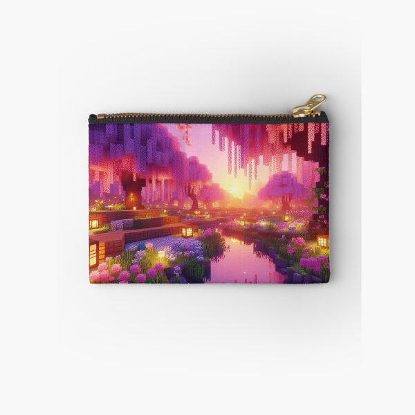 Item preview, Minecraft world, Japanese garden, cherry blossom trees, Japan, gaming, blue sky, pixel art, blocky digital landscape designed and sold by Sugar Wisdom .