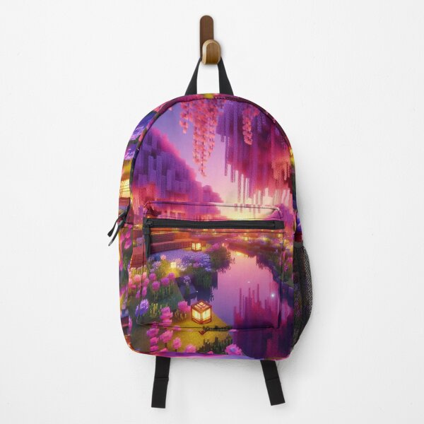 Item preview, Minecraft world, Japanese garden, cherry blossom trees, Japan, gaming, blue sky, pixel art, blocky digital landscape designed and sold by Sugar Wisdom .