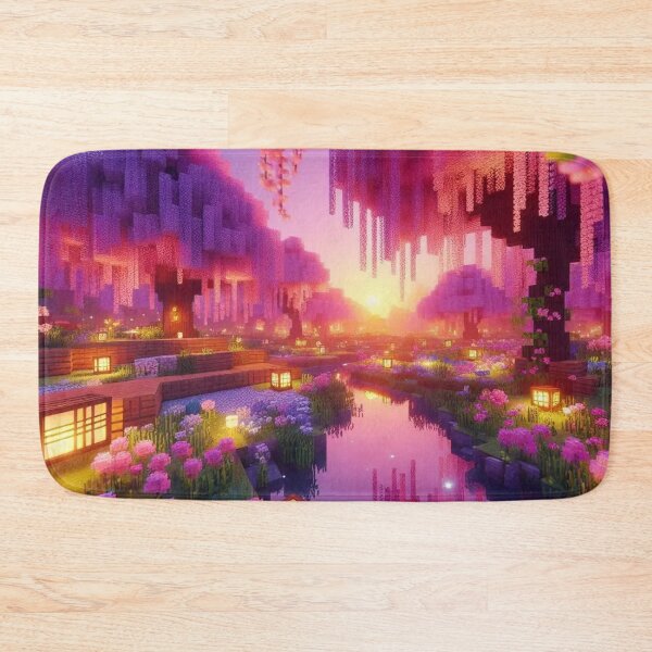 Item preview, Minecraft world, Japanese garden, cherry blossom trees, Japan, gaming, blue sky, pixel art, blocky digital landscape designed and sold by Sugar Wisdom .