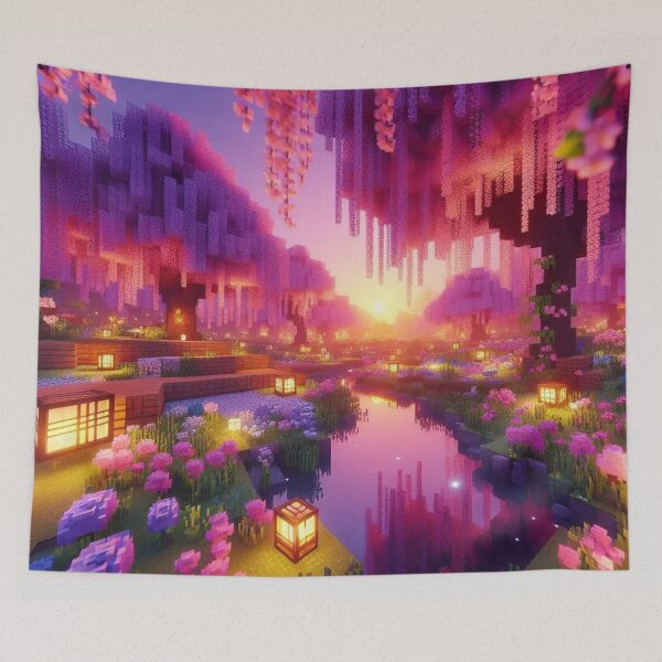 Item preview, Minecraft world, Japanese garden, cherry blossom trees, Japan, gaming, blue sky, pixel art, blocky digital landscape designed and sold by Sugar Wisdom .