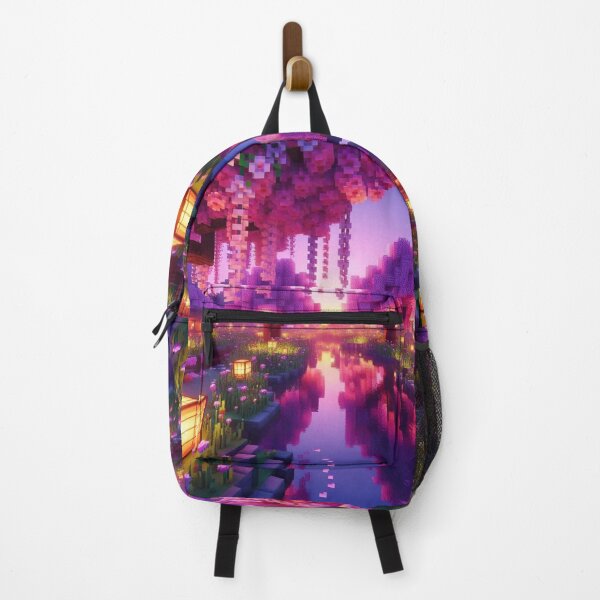 Item preview, Minecraft world, Japanese garden, cherry blossom trees, Japan, gaming, blue sky, pixel art, blocky digital landscape designed and sold by Sugar Wisdom .