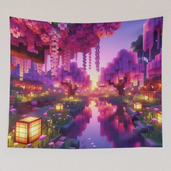 Item preview, Minecraft world, Japanese garden, cherry blossom trees, Japan, gaming, blue sky, pixel art, blocky digital landscape designed and sold by Sugar Wisdom .