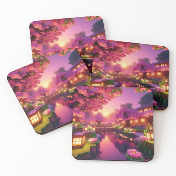 Item preview, Minecraft world, Japanese garden, cherry blossom trees, Japan, gaming, blue sky, pixel art, blocky digital landscape designed and sold by Sugar Wisdom .