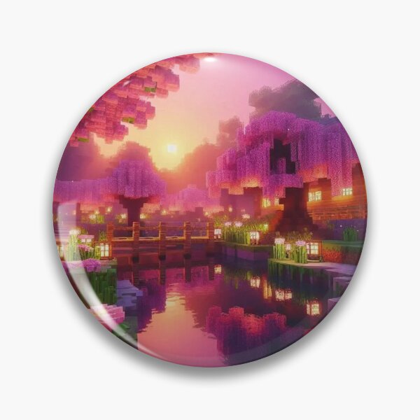 Item preview, Minecraft world, Japanese garden, cherry blossom trees, Japan, gaming, blue sky, pixel art, blocky digital landscape designed and sold by Sugar Wisdom .