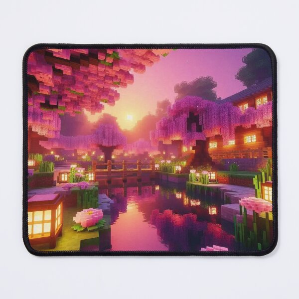 Item preview, Minecraft world, Japanese garden, cherry blossom trees, Japan, gaming, blue sky, pixel art, blocky digital landscape designed and sold by Sugar Wisdom .
