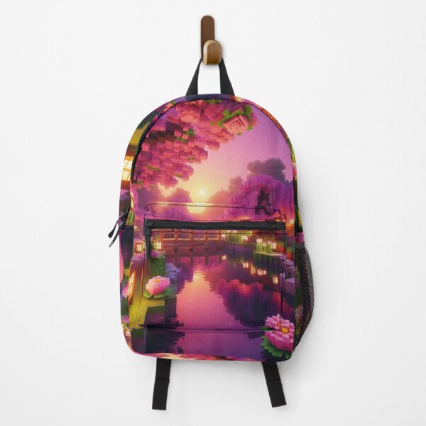 Item preview, Minecraft world, Japanese garden, cherry blossom trees, Japan, gaming, blue sky, pixel art, blocky digital landscape designed and sold by Sugar Wisdom .