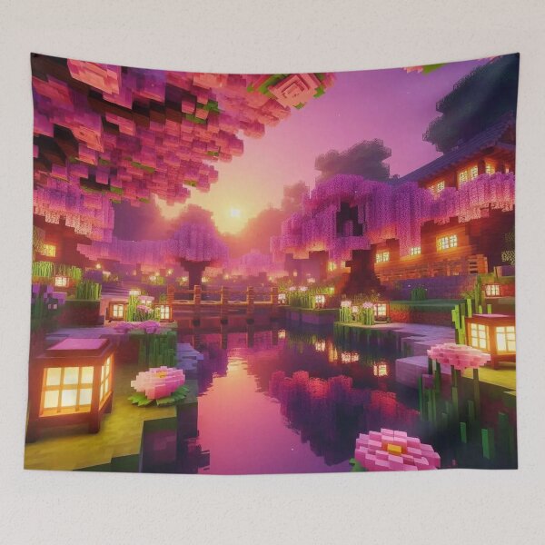 Item preview, Minecraft world, Japanese garden, cherry blossom trees, Japan, gaming, blue sky, pixel art, blocky digital landscape designed and sold by Sugar Wisdom .