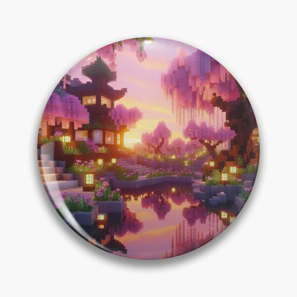Item preview, Minecraft world, Japanese garden, cherry blossom trees, Japan, gaming, blue sky, pixel art, blocky digital landscape designed and sold by Sugar Wisdom .