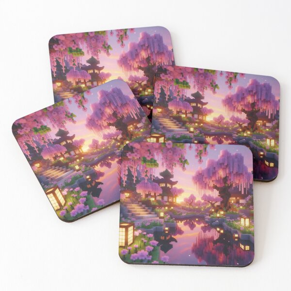 Item preview, Minecraft world, Japanese garden, cherry blossom trees, Japan, gaming, blue sky, pixel art, blocky digital landscape designed and sold by Sugar Wisdom .