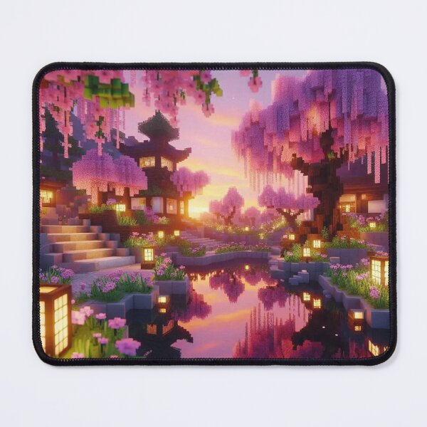 Item preview, Minecraft world, Japanese garden, cherry blossom trees, Japan, gaming, blue sky, pixel art, blocky digital landscape designed and sold by Sugar Wisdom .