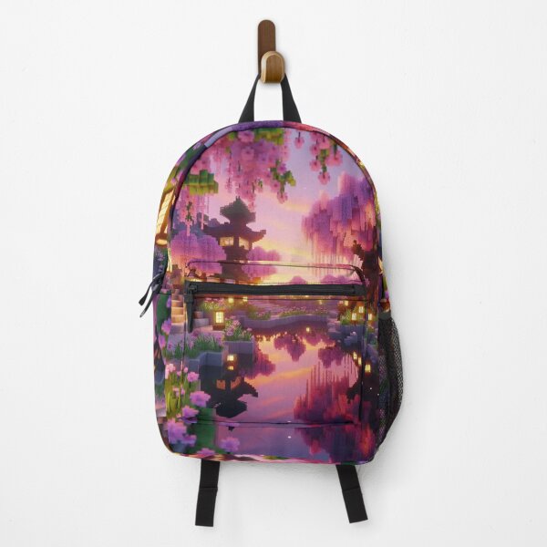 Item preview, Minecraft world, Japanese garden, cherry blossom trees, Japan, gaming, blue sky, pixel art, blocky digital landscape designed and sold by Sugar Wisdom .