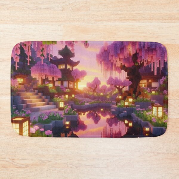 Item preview, Minecraft world, Japanese garden, cherry blossom trees, Japan, gaming, blue sky, pixel art, blocky digital landscape designed and sold by Sugar Wisdom .