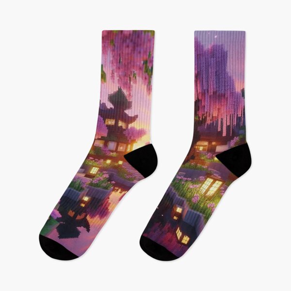 Item preview, Minecraft world, Japanese garden, cherry blossom trees, Japan, gaming, blue sky, pixel art, blocky digital landscape designed and sold by Sugar Wisdom .