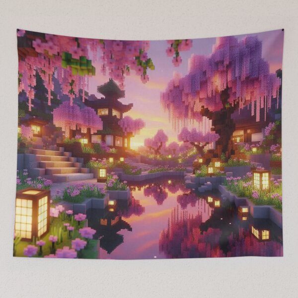 Item preview, Minecraft world, Japanese garden, cherry blossom trees, Japan, gaming, blue sky, pixel art, blocky digital landscape designed and sold by Sugar Wisdom .