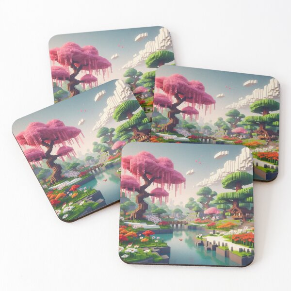 Item preview, Minecraft world, Japanese garden, cherry blossom trees, Japan, gaming, blue sky, pixel art, blocky digital landscape designed and sold by Sugar Wisdom .