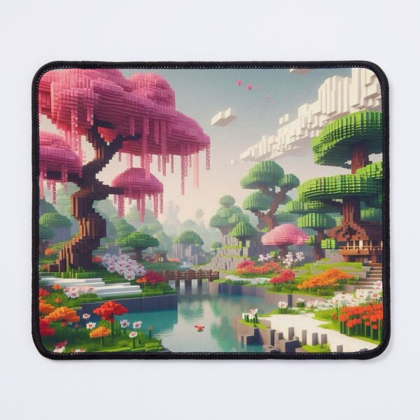 Item preview, Minecraft world, Japanese garden, cherry blossom trees, Japan, gaming, blue sky, pixel art, blocky digital landscape designed and sold by Sugar Wisdom .