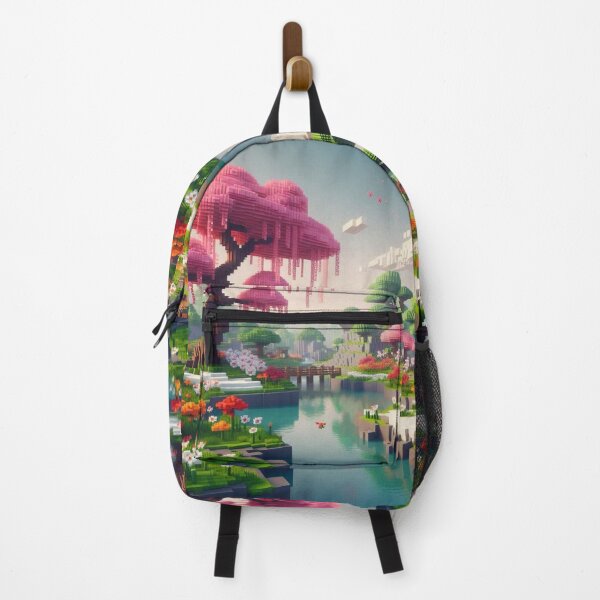 Item preview, Minecraft world, Japanese garden, cherry blossom trees, Japan, gaming, blue sky, pixel art, blocky digital landscape designed and sold by Sugar Wisdom .