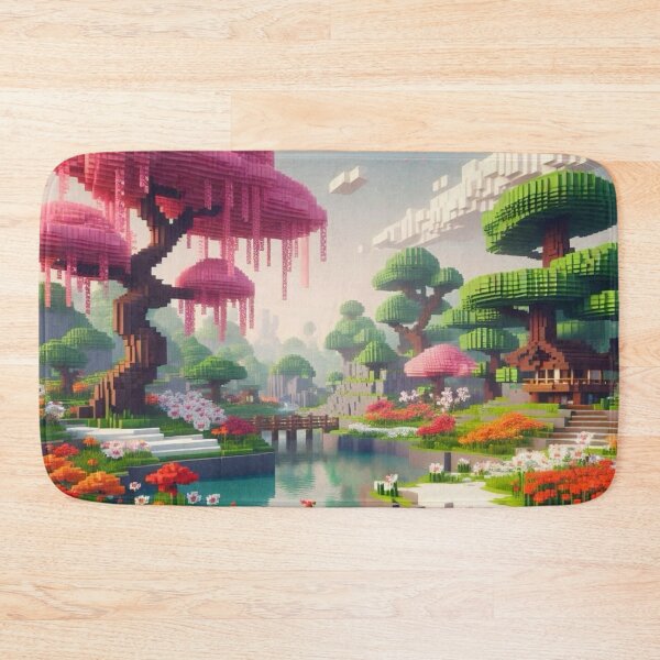 Item preview, Minecraft world, Japanese garden, cherry blossom trees, Japan, gaming, blue sky, pixel art, blocky digital landscape designed and sold by Sugar Wisdom .